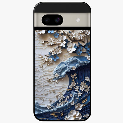 Floral Wave Origami Glass Case showing flat back view with origami inspired floral wave artwork and glossy glass finish.