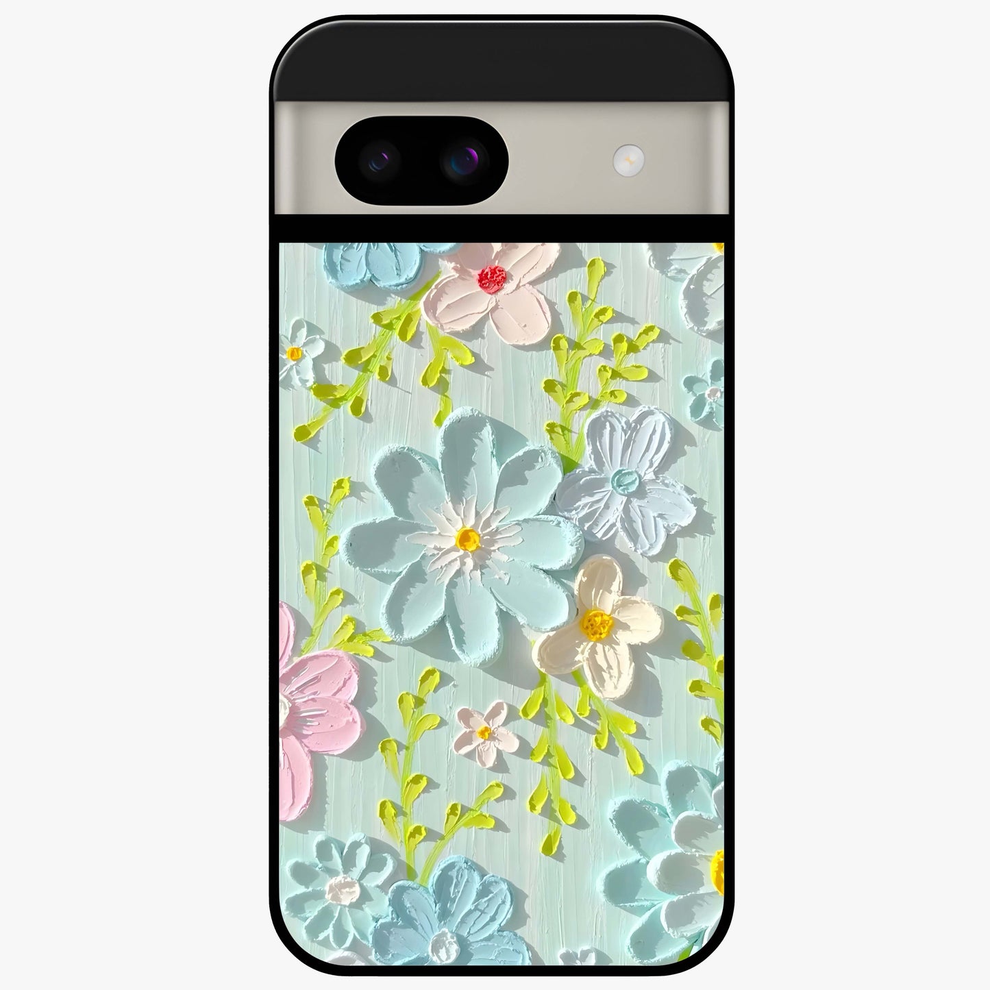 Frosted Petal Garden Glass Case showing flat back view with soft frosted floral artwork and glossy glass finish.