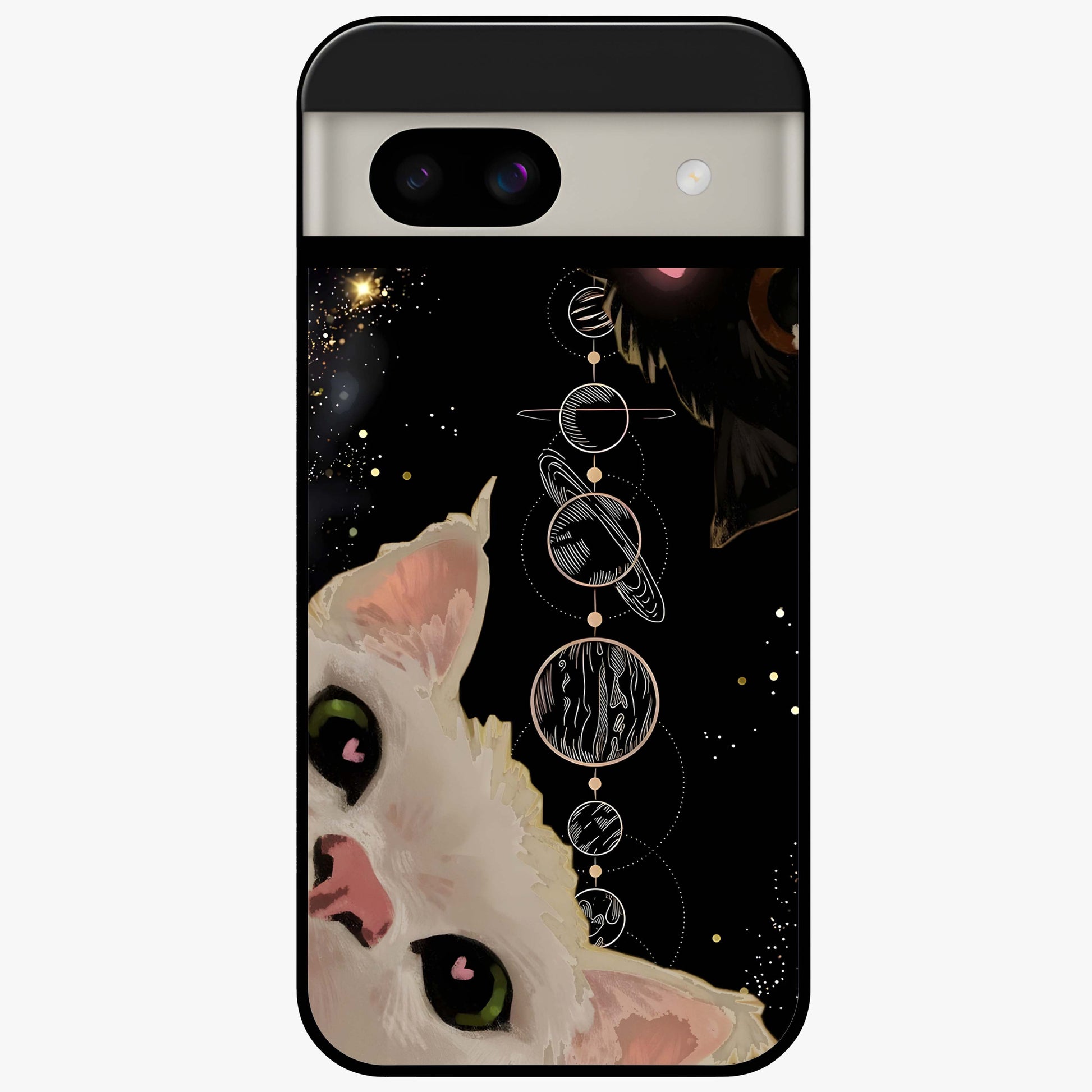 Galactic Cat Glass Case showing flat back view with cosmic cat artwork and glossy glass finish.