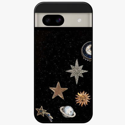 Galactic Charm Glow Glass Case showing flat back view with glowing celestial charm artwork and glossy glass finish.