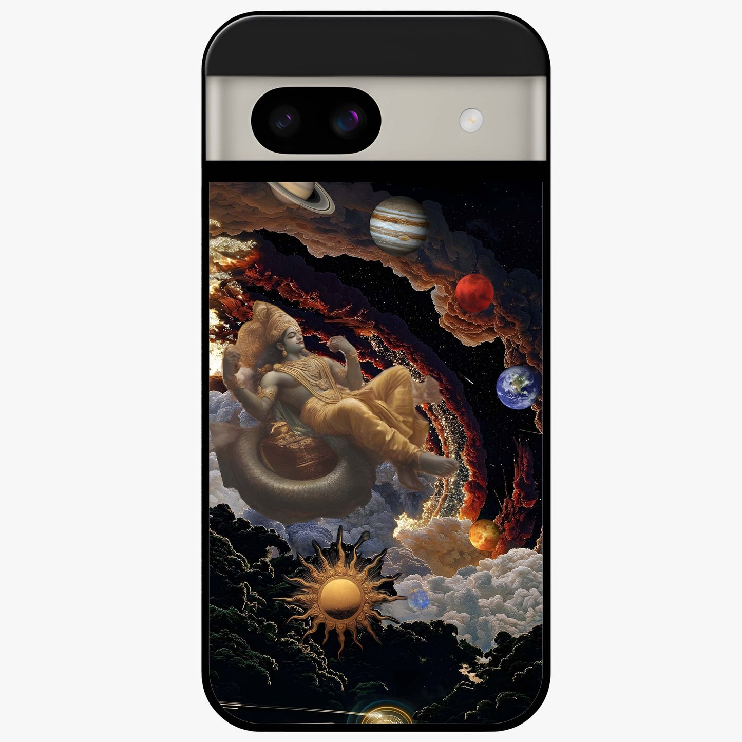 Galactic Divine God Glass Case showing flat back view with divine cosmic themed artwork and glossy glass finish.