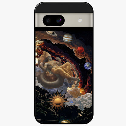 Galactic Divine God Glass Case showing flat back view with divine cosmic themed artwork and glossy glass finish.