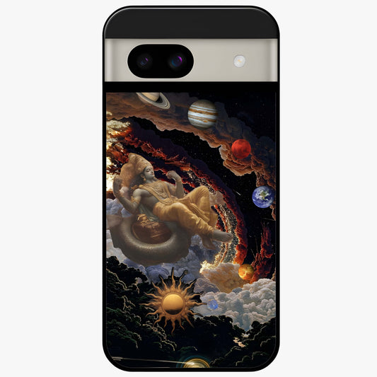 Galactic Divine God Glass Case showing flat back view with divine cosmic themed artwork and glossy glass finish.