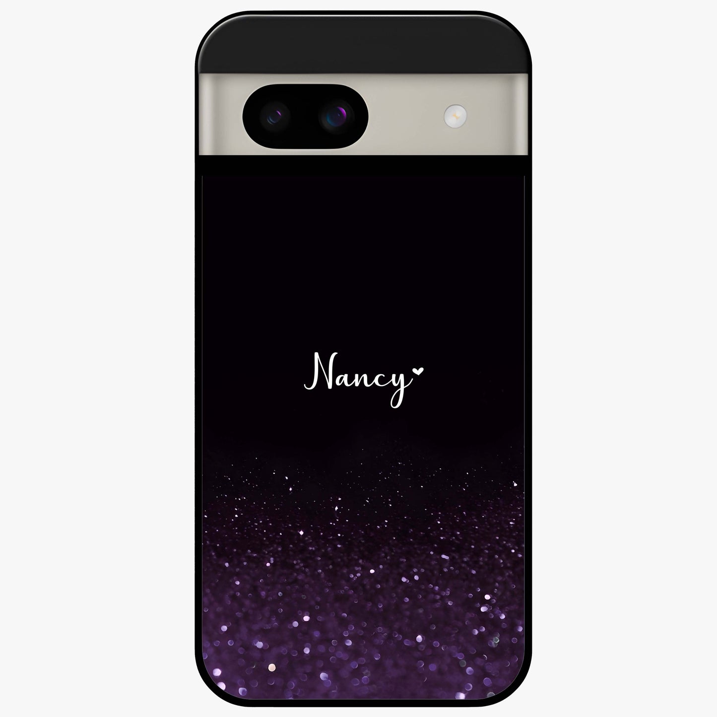 Glittery Purple Bokeh Custom Name Glass Case showing flat back view with purple bokeh sparkle artwork and personalized name design.