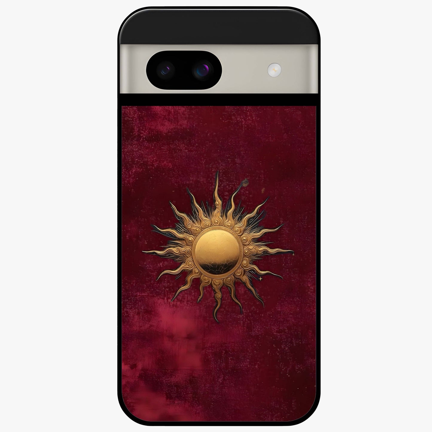 Gold Sun Blush Glass Case showing flat back view with golden sun inspired artwork and glossy glass finish.