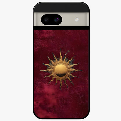 Gold Sun Blush Glass Case showing flat back view with golden sun inspired artwork and glossy glass finish.