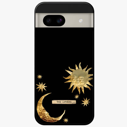 Golden Celestial Charm Glass Case showing flat back view with golden celestial charm artwork and glossy glass finish.