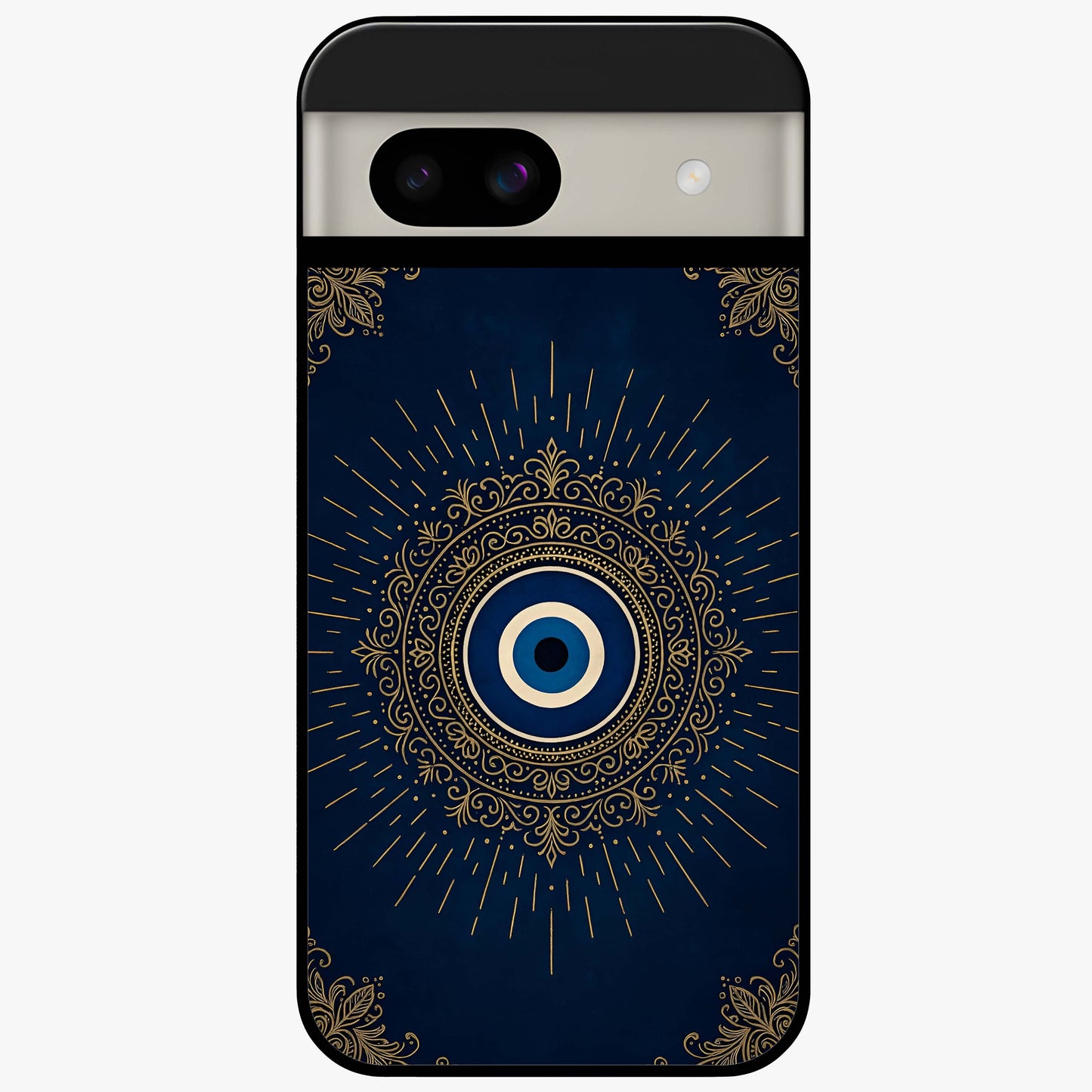 Golden Evil Eye Mandala Glass Case showing flat back view with intricate evil eye mandala artwork and glossy glass finish.