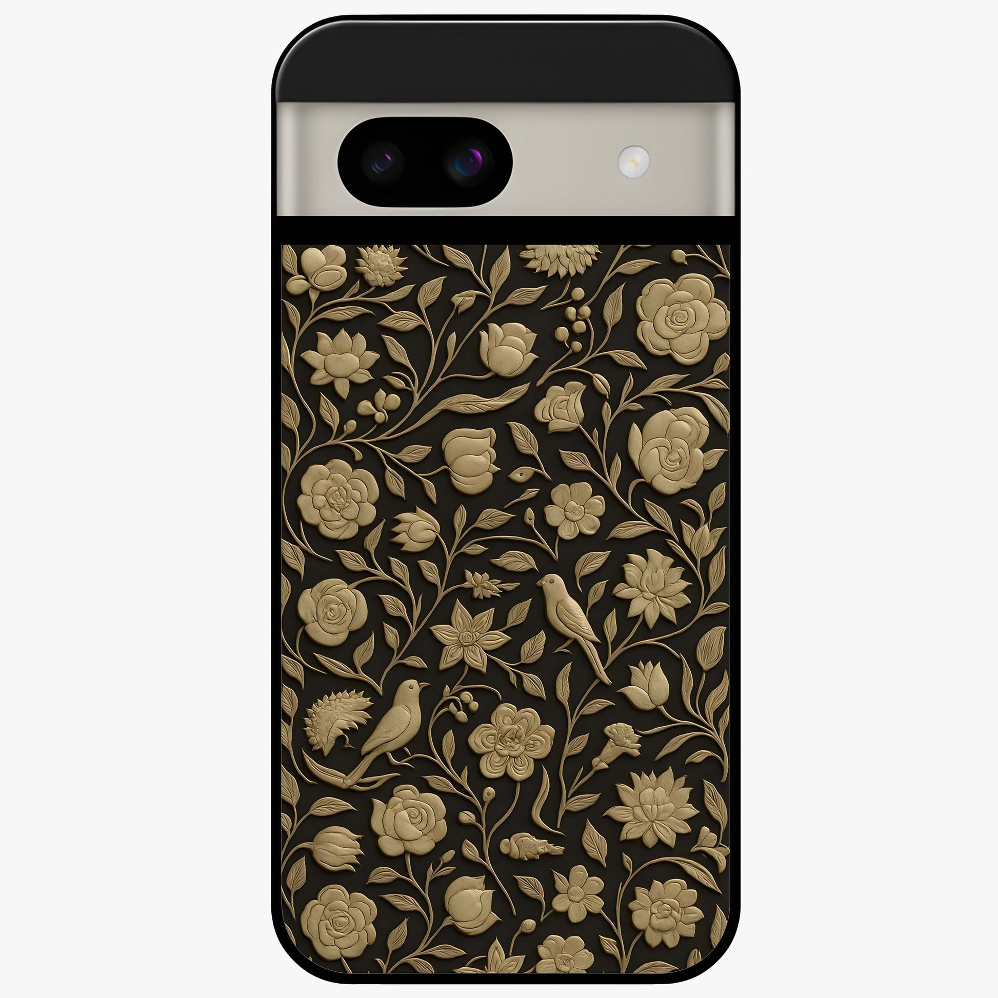 Golden Floral Majesty Glass Case showing flat back view with luxurious golden floral artwork and glossy glass finish.