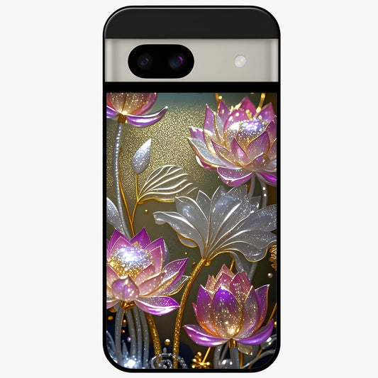 Golden Lotus Glow Glass Case showing flat back view with glowing lotus flower artwork and glossy glass finish.