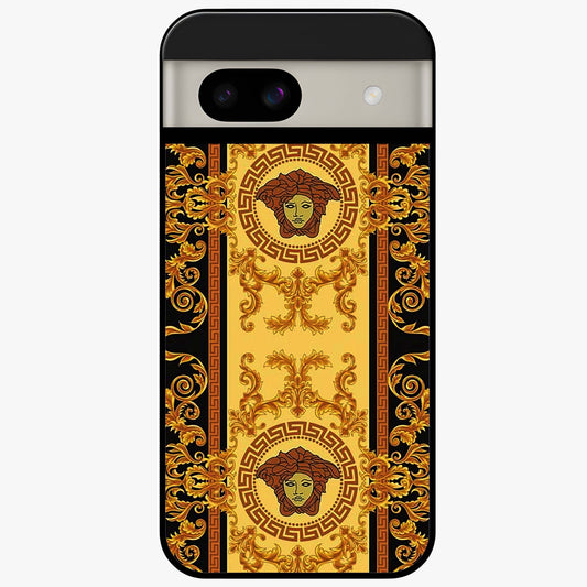 Golden Royal Heritage Glass Case showing flat back view with ornate royal pattern artwork and glossy glass finish.