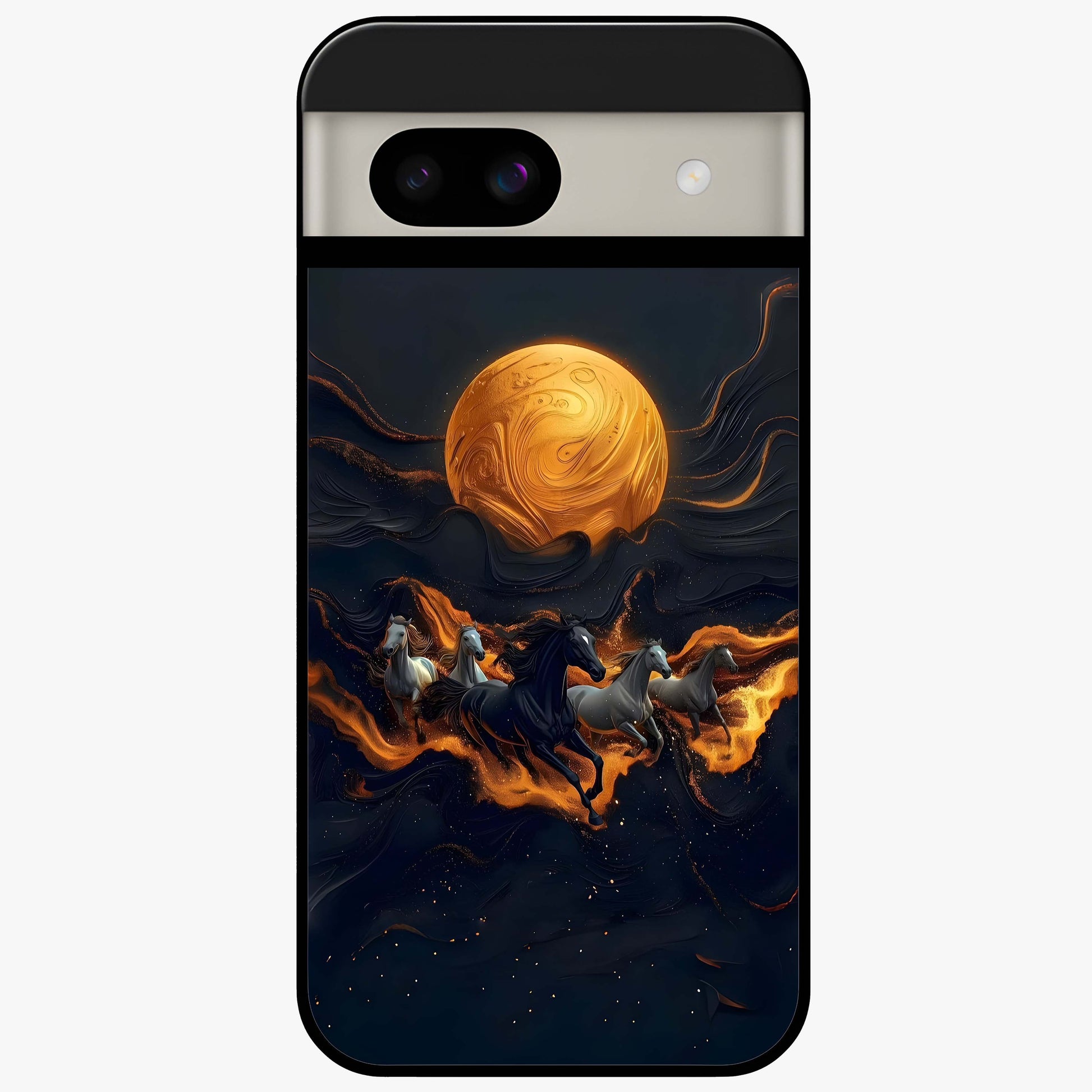 Golden Stallion Moonride Glass Case showing flat back view with majestic horse under moonlight artwork and glossy glass finish.