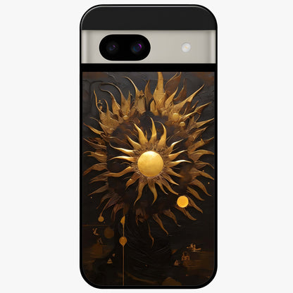 Golden Sun Majesty Glass Case showing flat back view with radiant golden sun artwork and glossy glass finish.