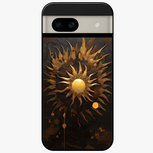 Golden Sun Majesty Glass Case showing flat back view with radiant golden sun artwork and glossy glass finish.