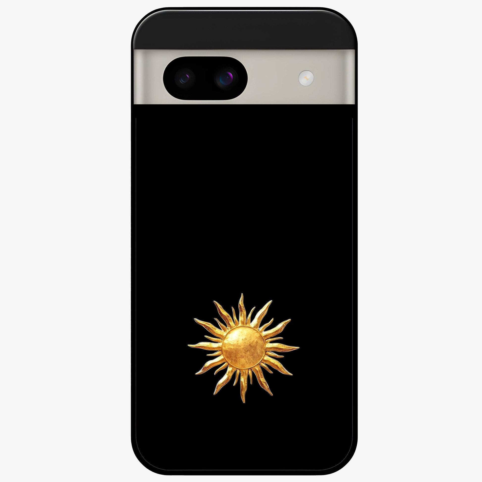 Golden Sun Minimalism Glass Case showing flat back view with minimal golden sun artwork and glossy glass finish.