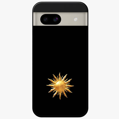 Golden Sun Minimalism Glass Case showing flat back view with minimal golden sun artwork and glossy glass finish.