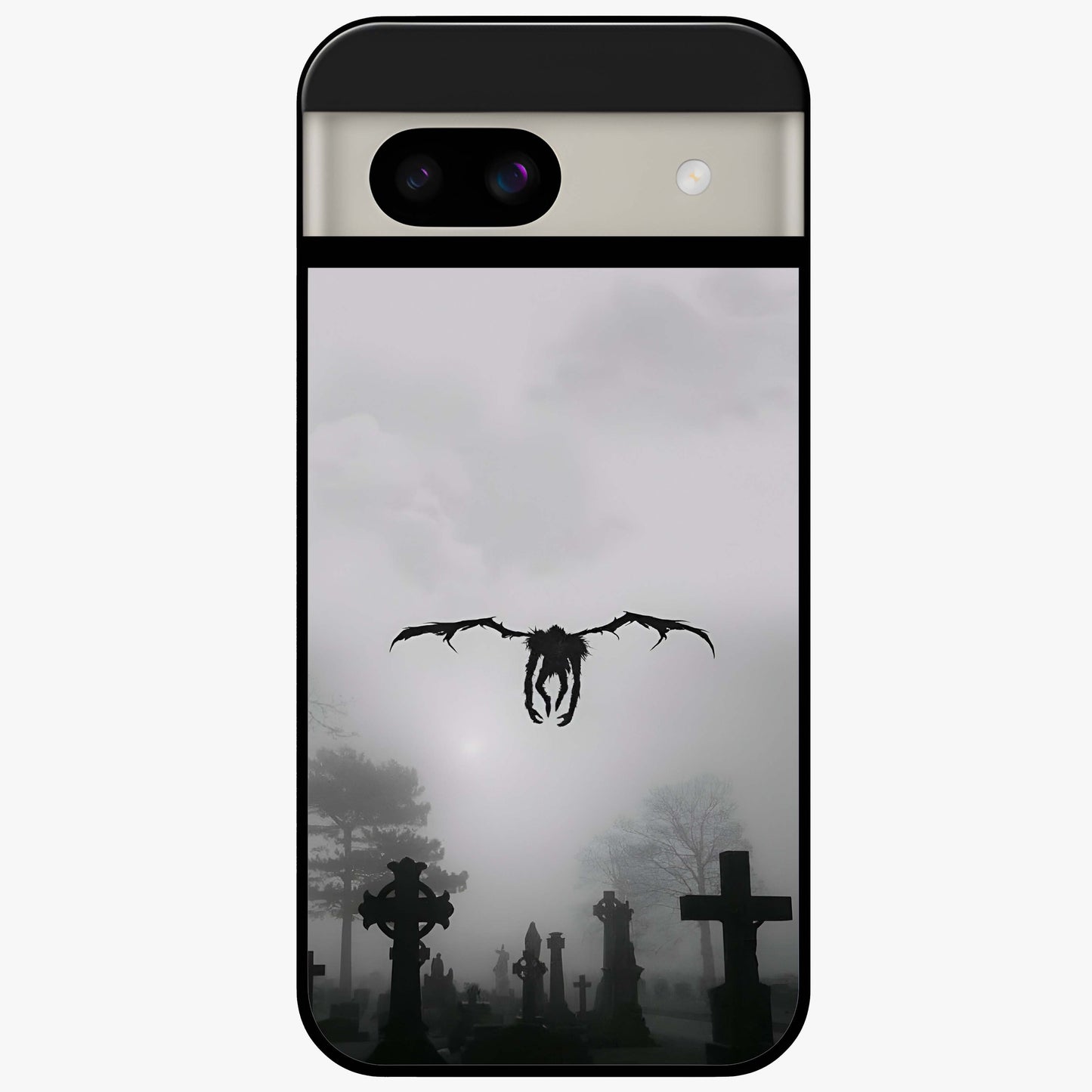 Graveyard Shadow Descent Glass Case showing flat back view with dark graveyard themed artwork and glossy glass finish.