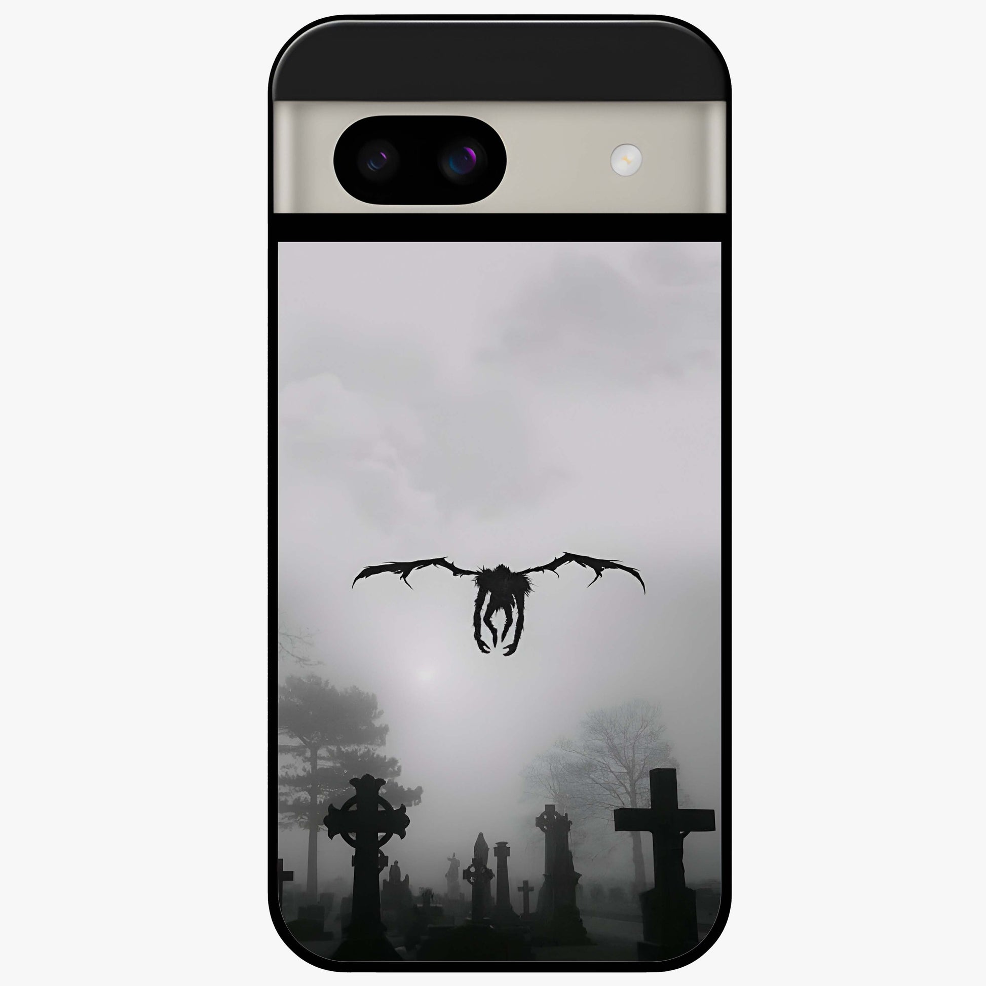 Graveyard Shadow Descent Glass Case showing flat back view with dark graveyard themed artwork and glossy glass finish.