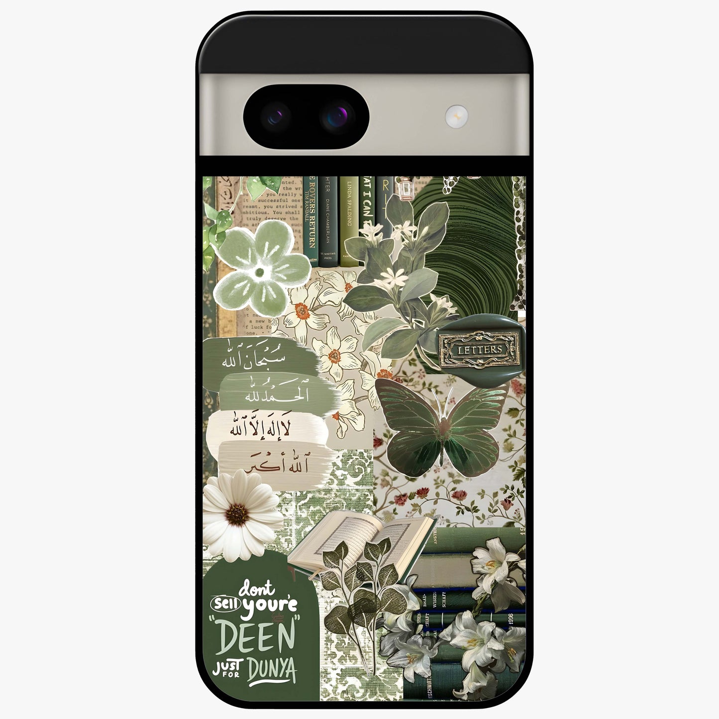 Green Islamic Books Quotes Glass Case showing flat back view with Islamic quotes and book themed artwork and glossy glass finish.