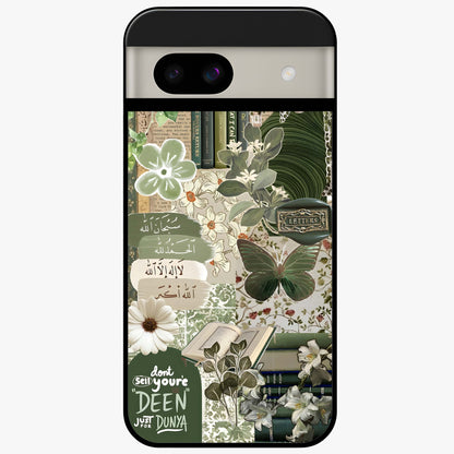 Green Islamic Books Quotes Glass Case showing flat back view with Islamic quotes and book themed artwork and glossy glass finish.