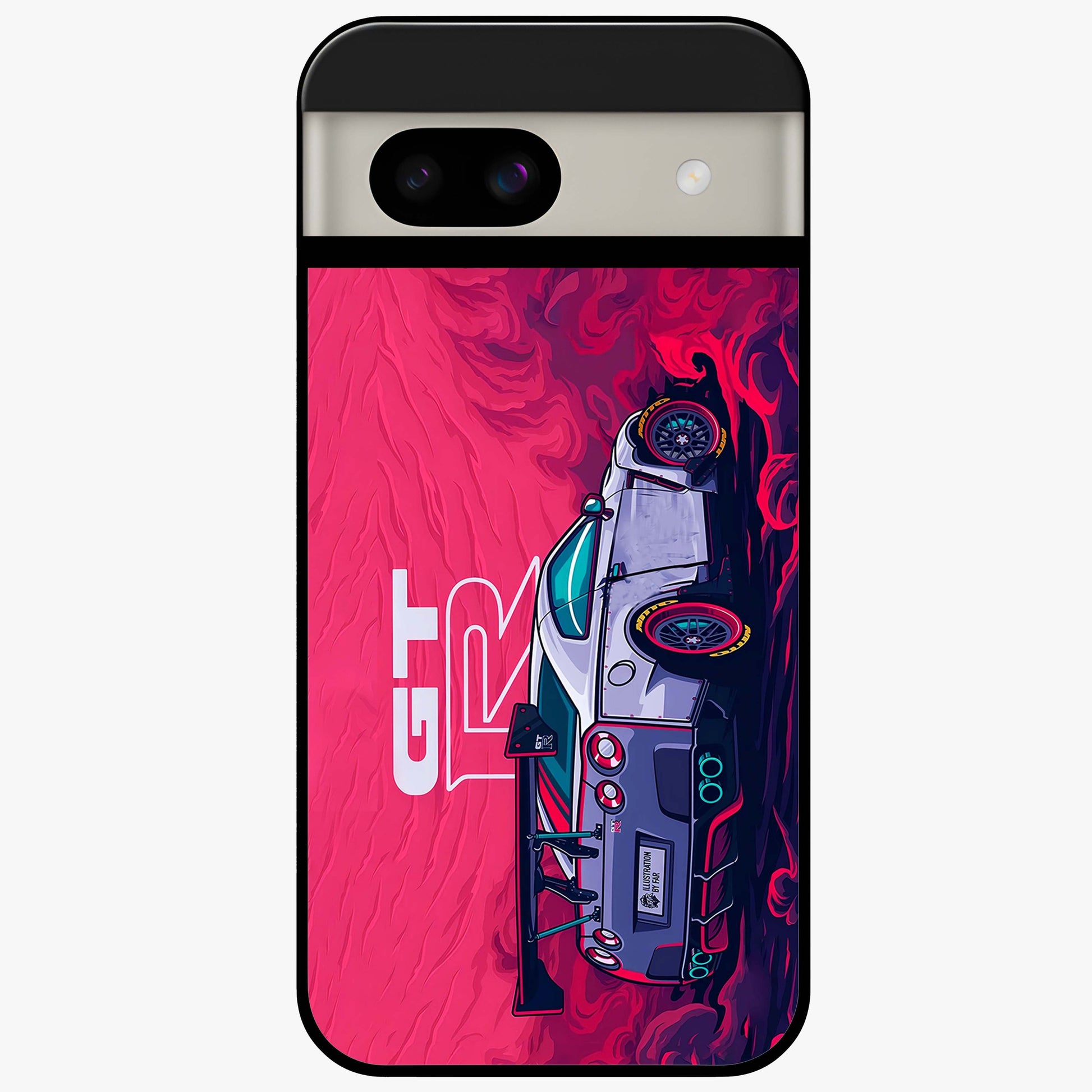 GT-R Car Pattern Glass Case showing flat back view with sporty car inspired pattern artwork and glossy glass finish.