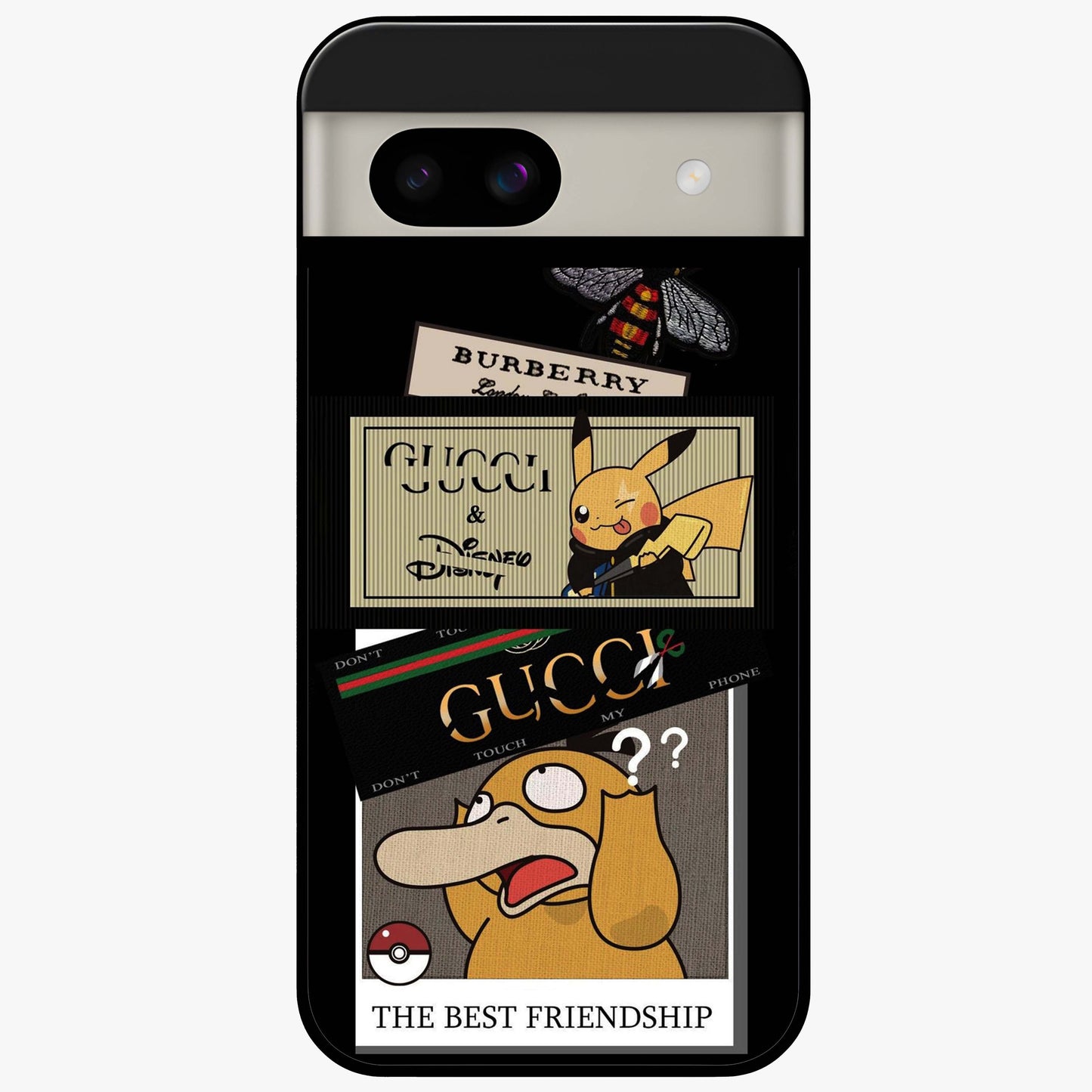 Gucci Play Mashup Glass Case showing flat back view with luxury inspired graphic artwork and glossy glass finish.