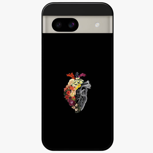 Heart With Flowers Glass Case showing flat back view with heart shaped floral artwork and glossy glass finish.