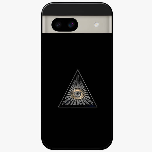 Illuminati Evil Glass Case showing flat back view with mysterious illuminati symbol artwork and glossy glass finish.