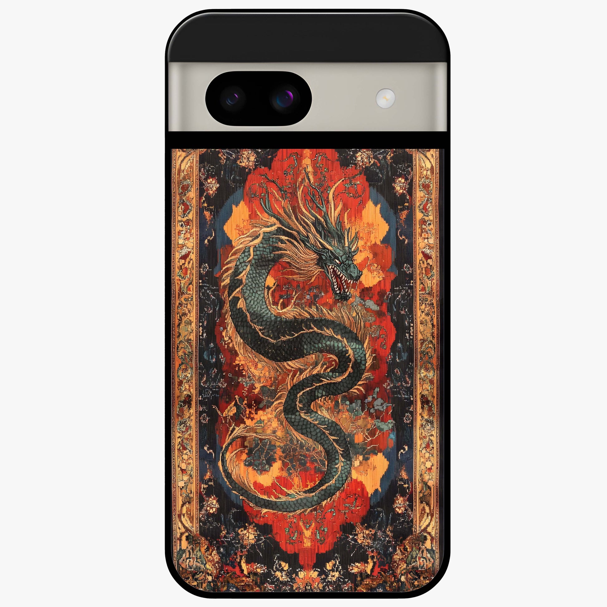 Inferno Dragon Soul Glass Case showing flat back view with fiery dragon artwork and glossy glass finish.