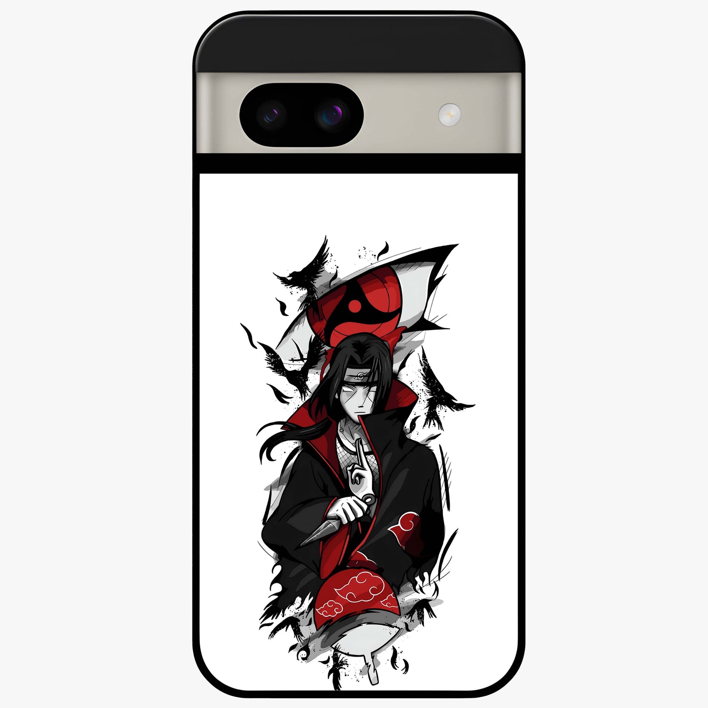 Itachi Sharingan Glass Case showing flat back view with powerful anime eye artwork and glossy glass finish.