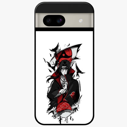 Itachi Sharingan Glass Case showing flat back view with powerful anime eye artwork and glossy glass finish.