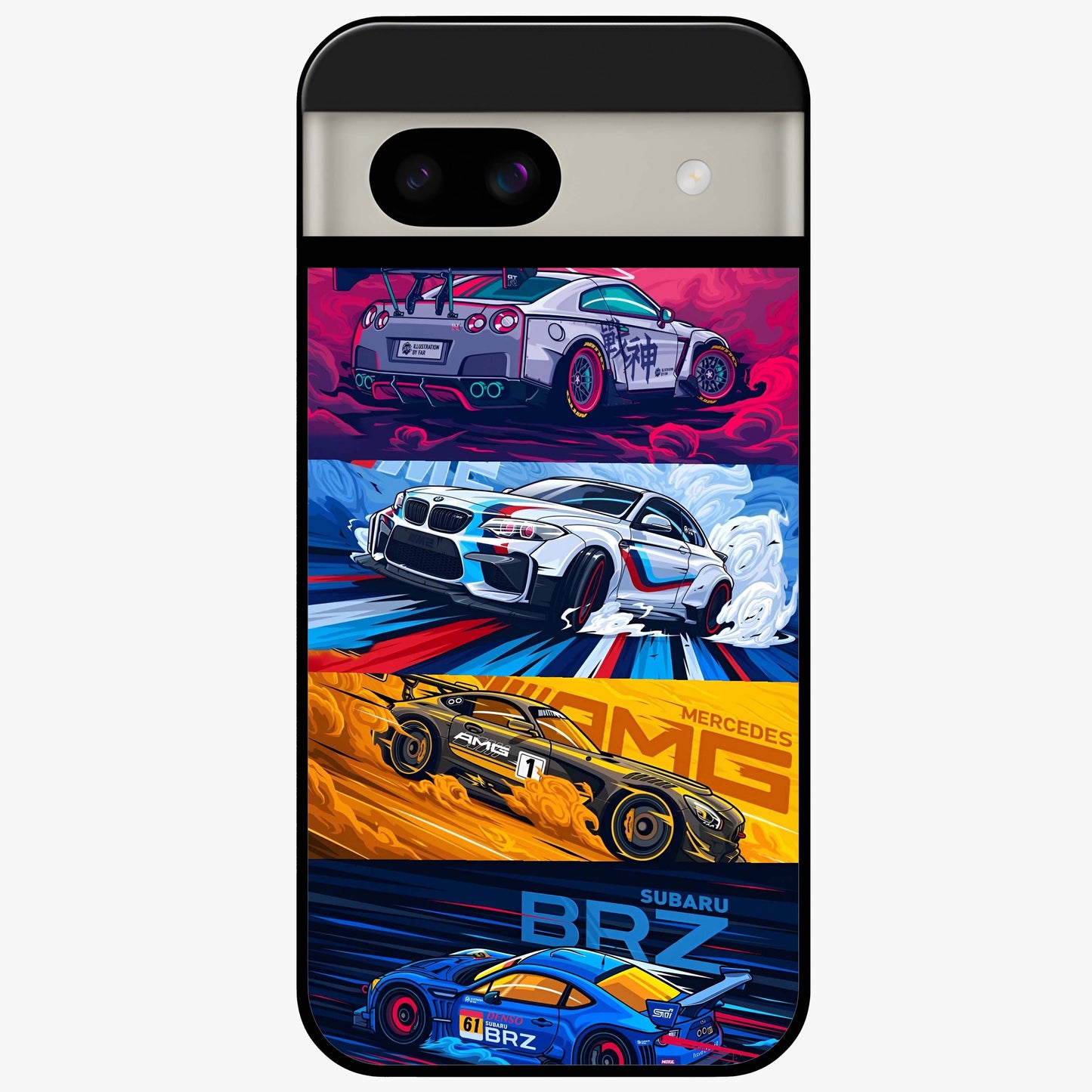 JDM Sports Car Glass Case showing flat back view with high performance sports car artwork and glossy glass finish.