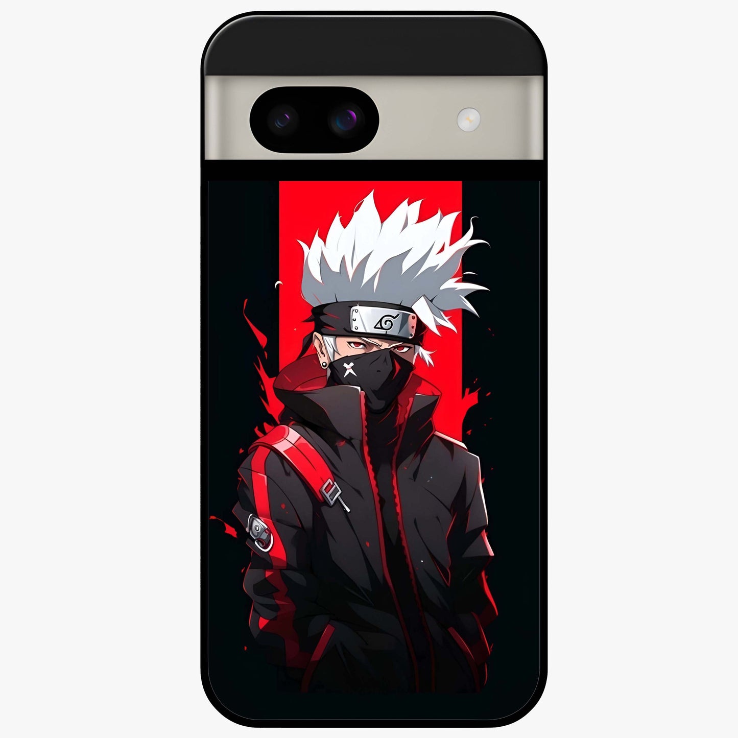 Kakashi Scarlet Shadow Glass Case showing flat back view with powerful anime ninja artwork and glossy glass finish.