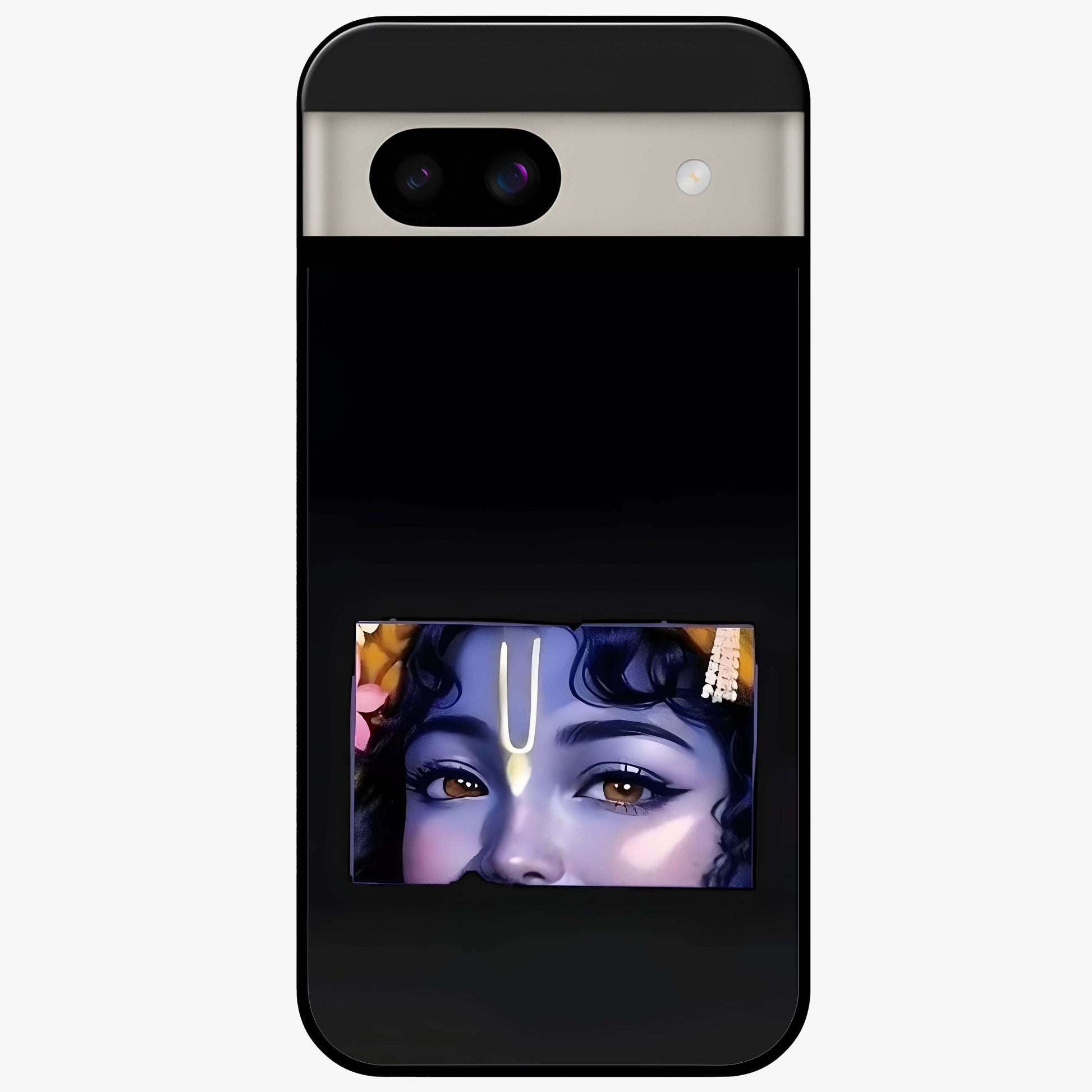 Krishna Divine Embrace Glass Case showing flat back view with Lord Krishna devotional artwork and glossy glass finish.