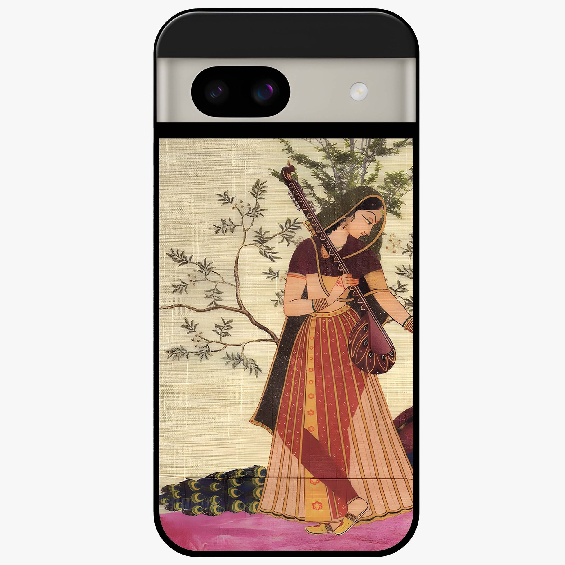 Lady With Veena Art Glass Case showing flat back view with elegant woman playing veena artwork and glossy glass finish.