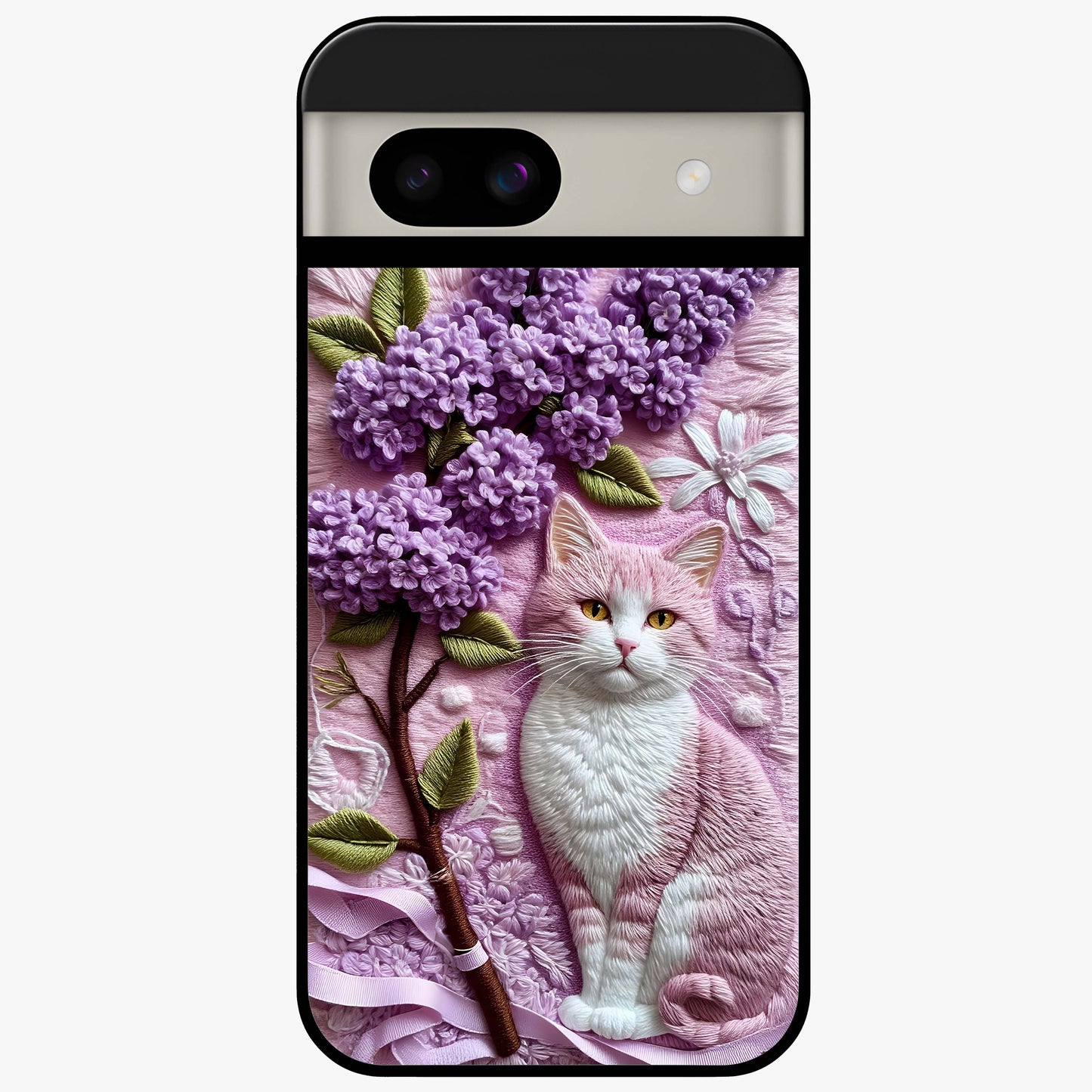 Lavender Cat Whimsy Glass Case showing flat back view with cute lavender cat artwork and glossy glass finish.