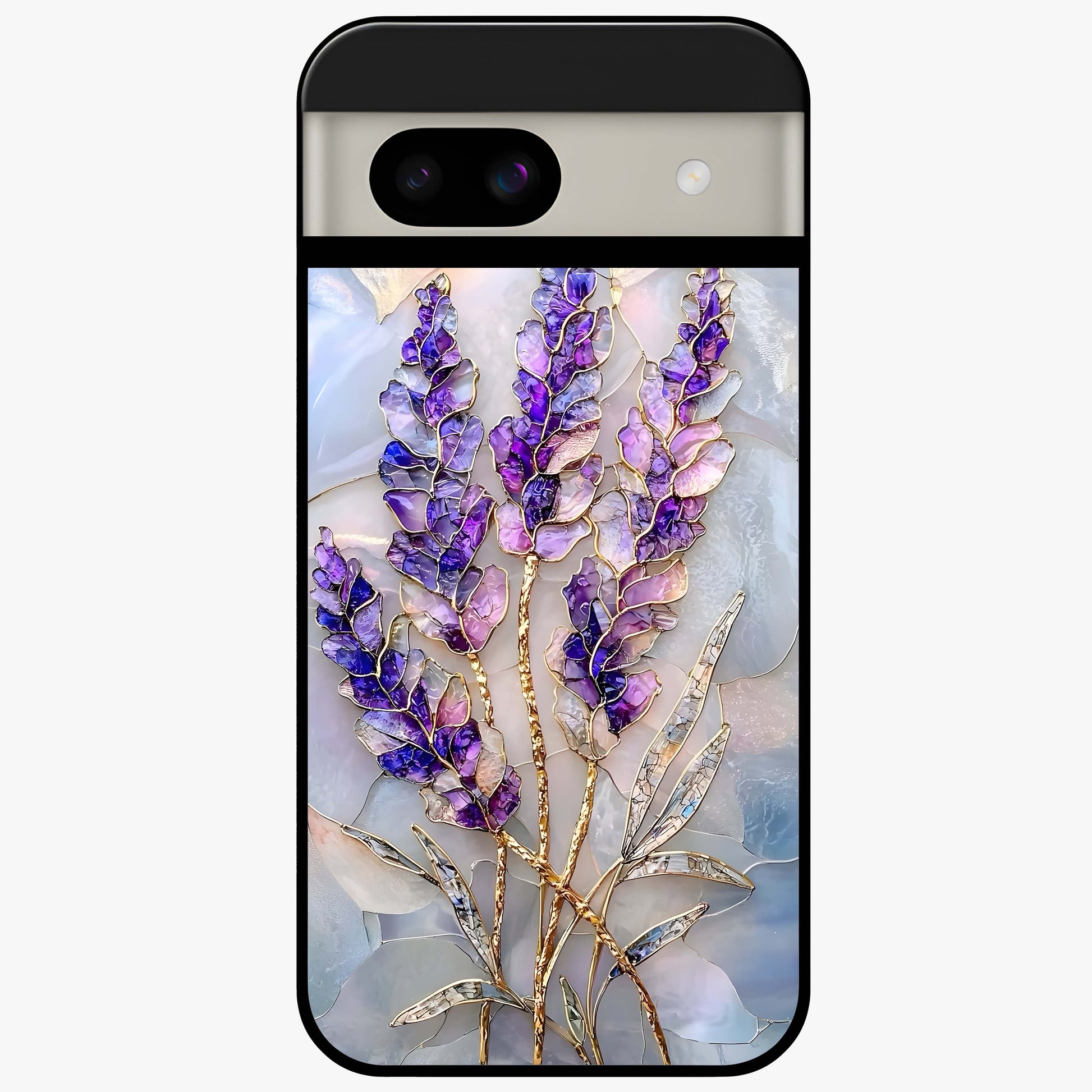 Lavender Dream Glow Glass Case showing flat back view with glowing lavender aesthetic artwork and glossy glass finish.