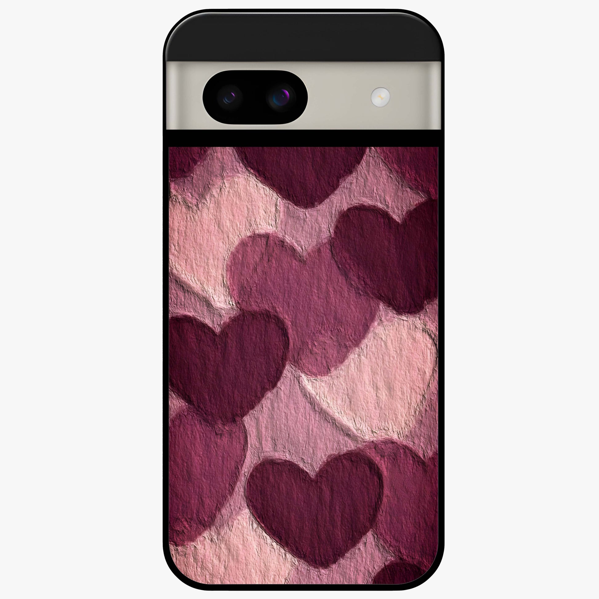 Layered Paper Hearts Glass Case showing flat back view with layered paper heart artwork and glossy glass finish.