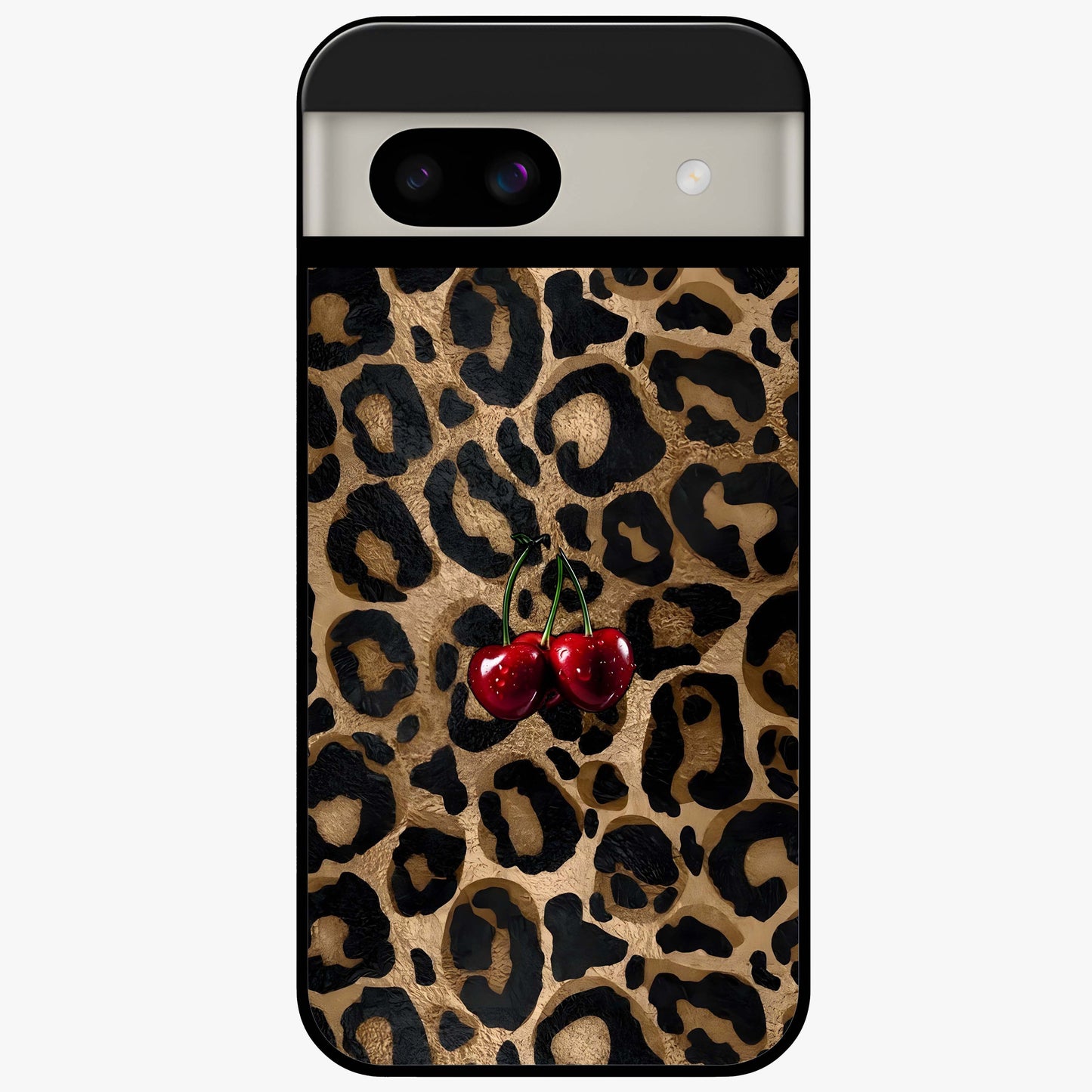 Leopard Wild Cherry Glass Case showing flat back view with leopard pattern and cherry artwork and glossy glass finish.