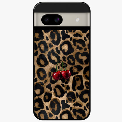 Leopard Wild Cherry Glass Case showing flat back view with leopard pattern and cherry artwork and glossy glass finish.