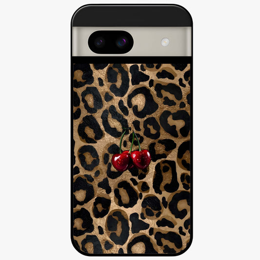 Leopard Wild Cherry Glass Case showing flat back view with leopard pattern and cherry artwork and glossy glass finish.