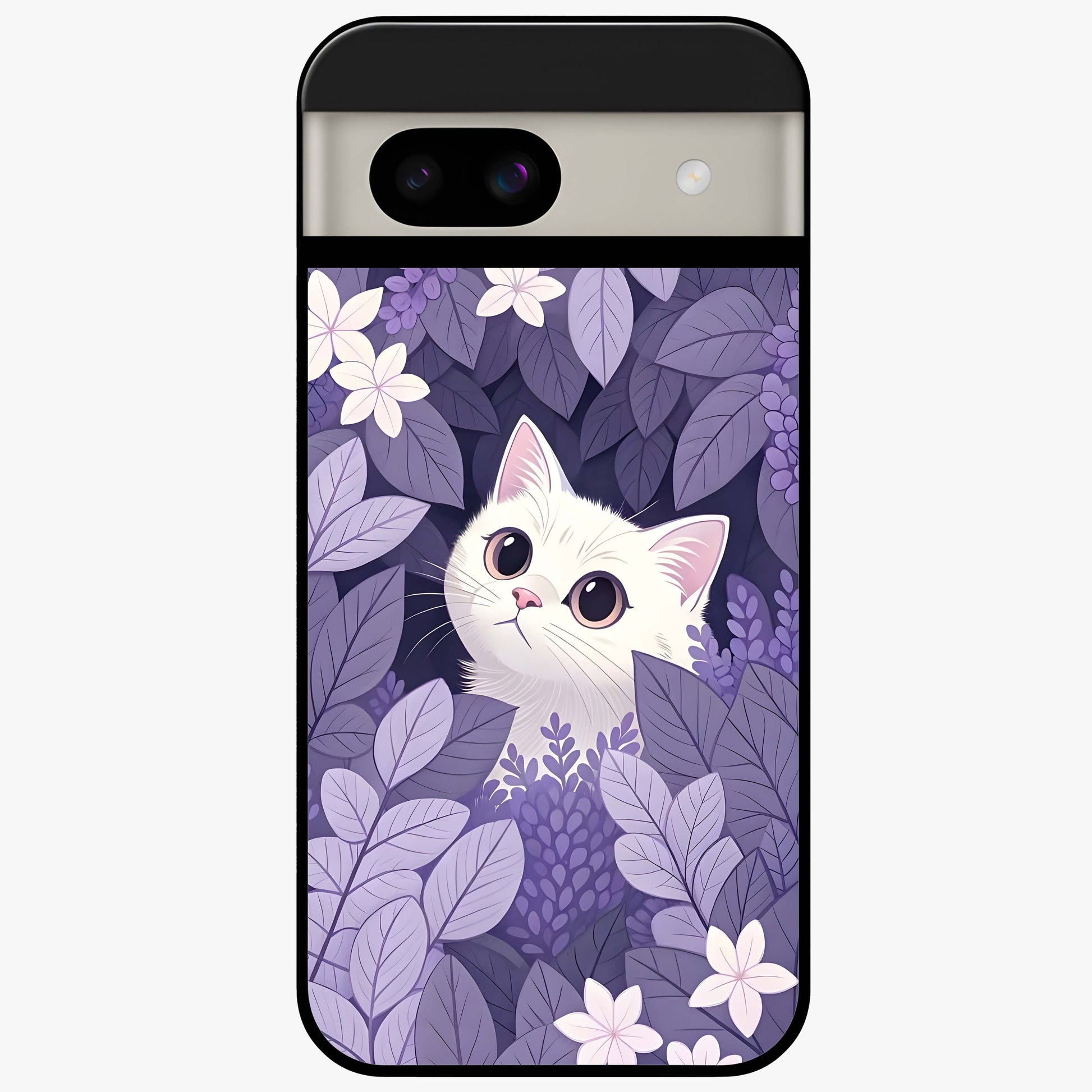 Lilac Hide Peek Cat Glass Case showing flat back view with cute peeking cat artwork and glossy glass finish.