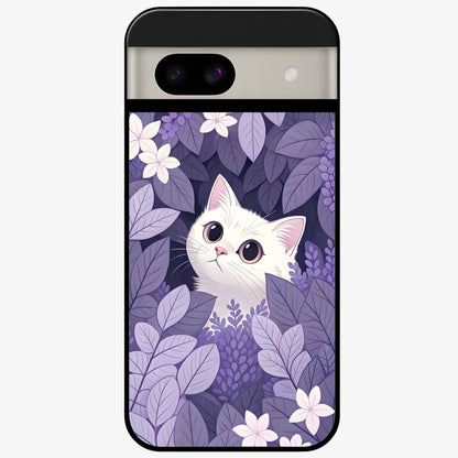 Lilac Hide Peek Cat Glass Case showing flat back view with cute peeking cat artwork and glossy glass finish.