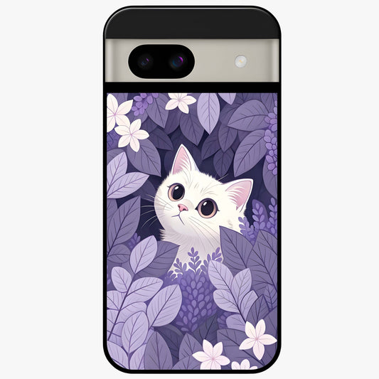 Lilac Hide Peek Cat Glass Case showing flat back view with cute peeking cat artwork and glossy glass finish.