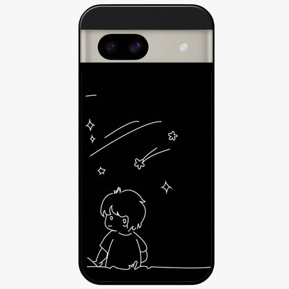 Line Art Boy With Shooting Stars Glass Case showing flat back view with minimal line art boy and shooting stars illustration and glossy glass finish.