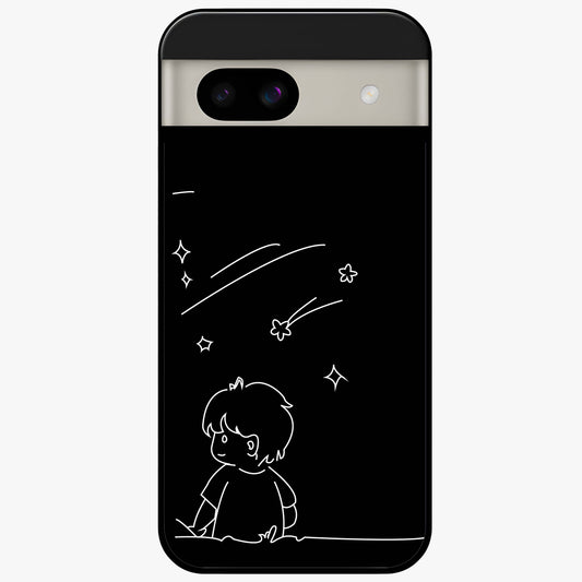 Line Art Boy With Shooting Stars Glass Case showing flat back view with minimal line art boy and shooting stars illustration and glossy glass finish.