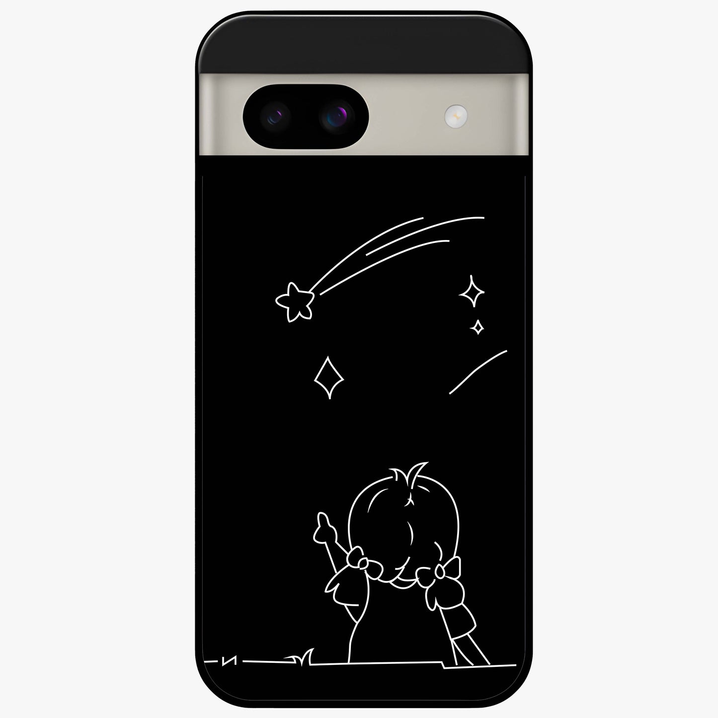 Line Art Girl With Shooting Stars Glass Case showing flat back view with minimal line art girl and shooting stars illustration and glossy glass finish.
