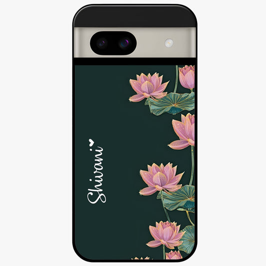 Lotus Bloom Serenity Custom Name Glass Case showing flat back view with elegant lotus flower artwork and personalized name design.