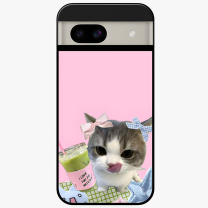 Love Matcha Cat Glass Case showing flat back view with cute cat and matcha themed artwork and glossy glass finish.