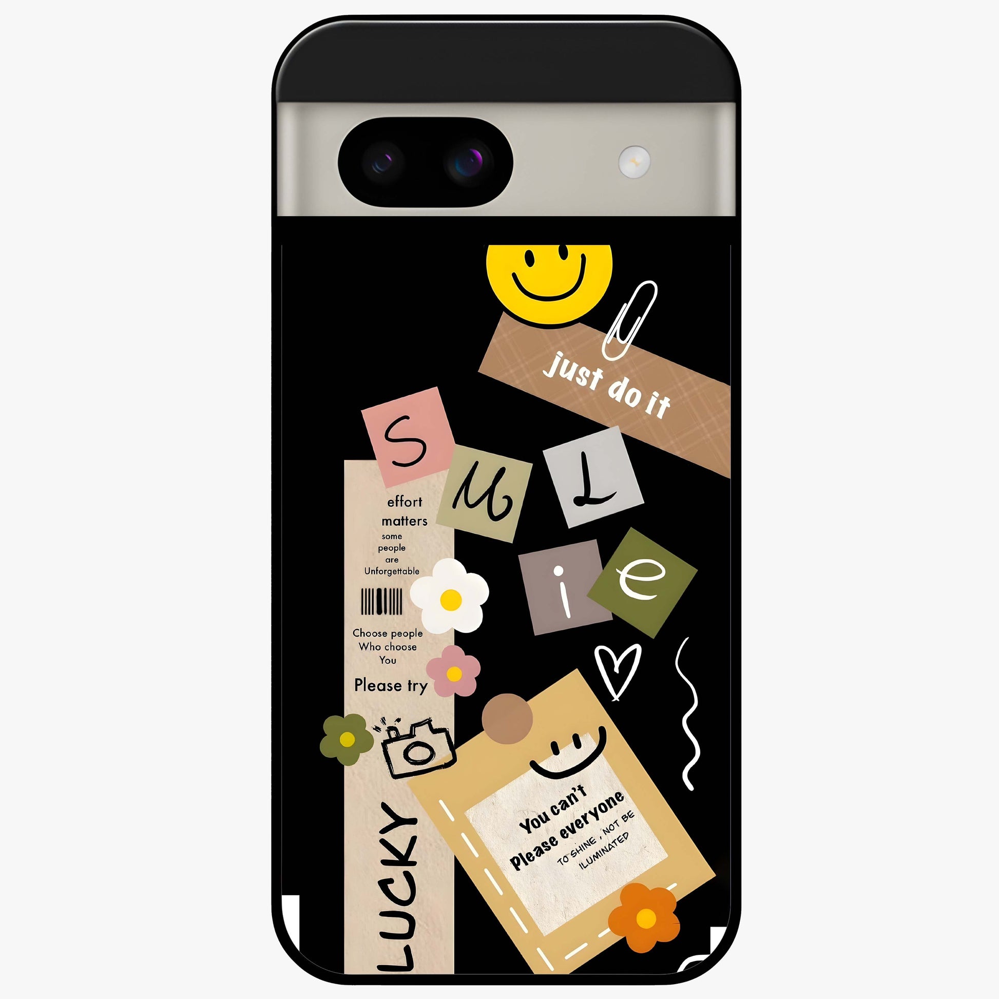 Lucky Aesthetic Collage Glass Case showing flat back view with trendy aesthetic collage artwork and glossy glass finish.